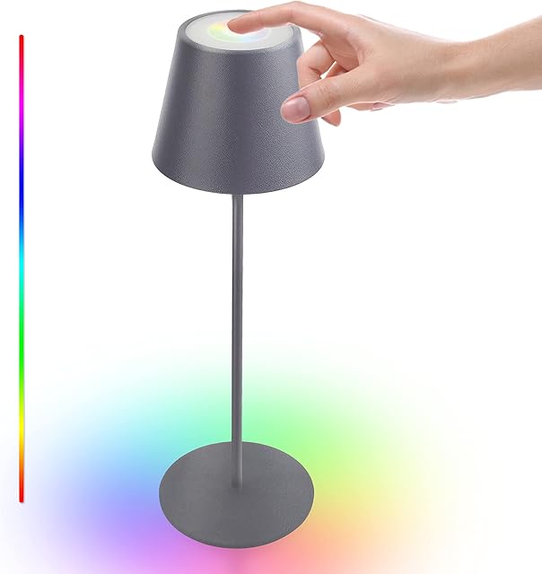 uuffoo LED Rechargeable Table Lamp, Touch Sense Dimmable 8 Colours, IP54 Waterproof Cordless Desk Light for Indoor/Outdoor, Bedroom, Garden, Restaurant, Bar Decorate (Style A,Grey)