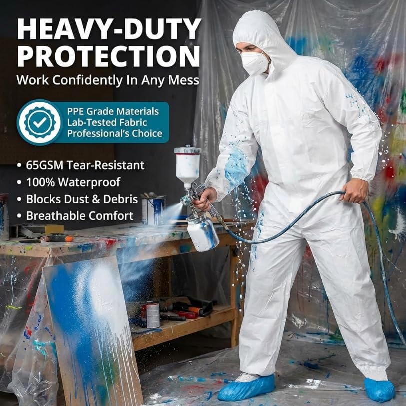 Disposable Hazmat Suit - 30 Pack + 30 Masks & 60 Booties – Breathable Mechanic Jumpsuit - 65GSM Waterproof Coveralls