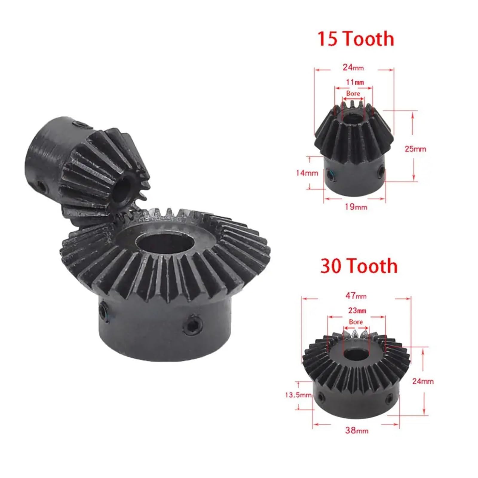 Bevel Gear Pinion Hardware Mechanical 1Pcs 1:2 Bevel Gear 15/30 Tooth Single 1.5 Module 45# Steel Mechanical Transmission Gear Bore 8-12mm(8mm-15 Teeth)