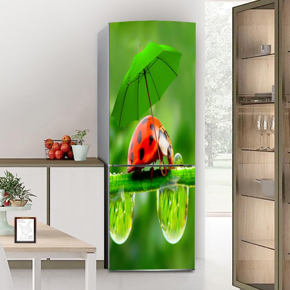 Cnfhfry Green Fridge Stickers， Full Covering, Freezer Skins Wall Stickers For Kitchen Decal, Ladybugs With Umbrella(M: 60X180 Cm)