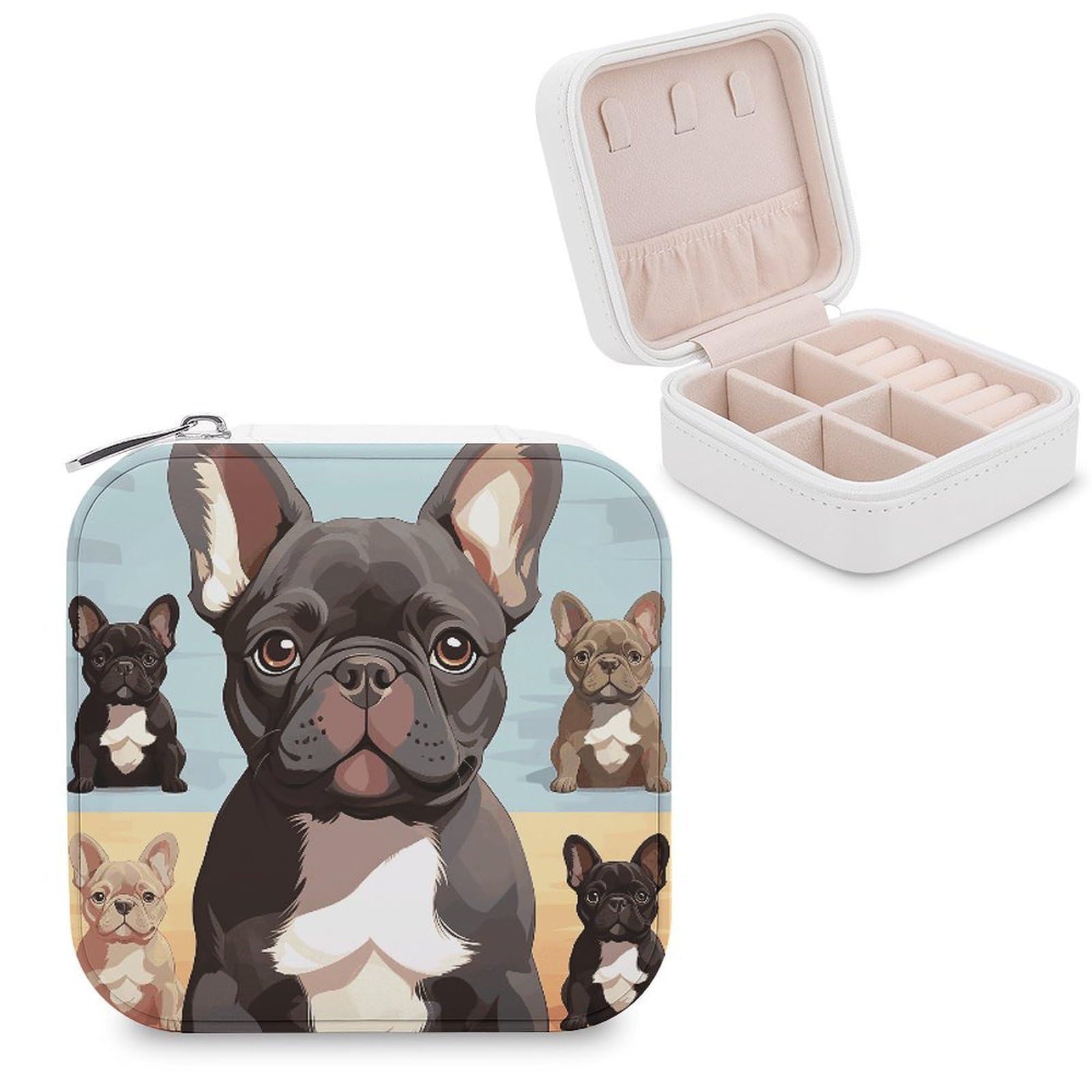 JTREHY Travel French Bulldog Dog Cute Jewelry Case Portable Display Storage Box PU Leather Mini Jewelry Travel Case Personalized Travel Jewelry Organizer Small Jewelry Box for Women