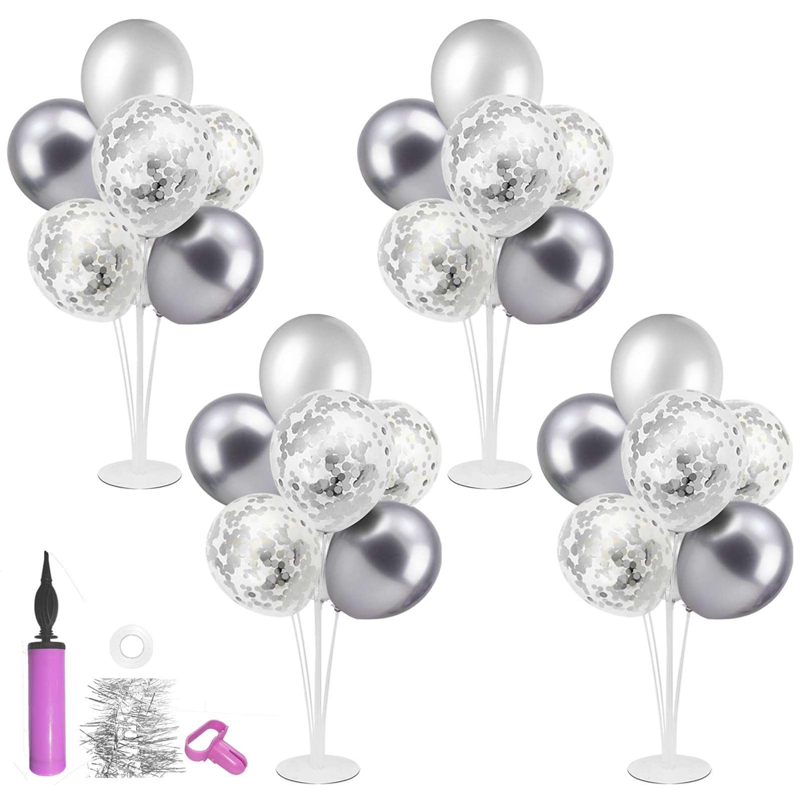 Silver Balloon Stand Centerpiece Table Decorations for 25th Wedding Anniversary Birthday Bridal Shower Father's Day Mother's Day Platinum Party Decorations(Silver gray set4)
