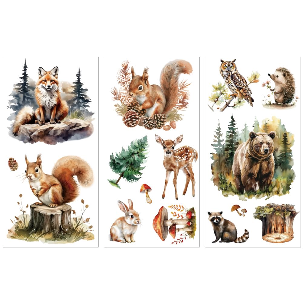 Peacoblue Rub on Transfer Decals for Furniture Crafts Decor Forest Animals 6"x12", 3Pcs Waterproof UV DTF Transfer Sticker for Dresser Lingerie Chests