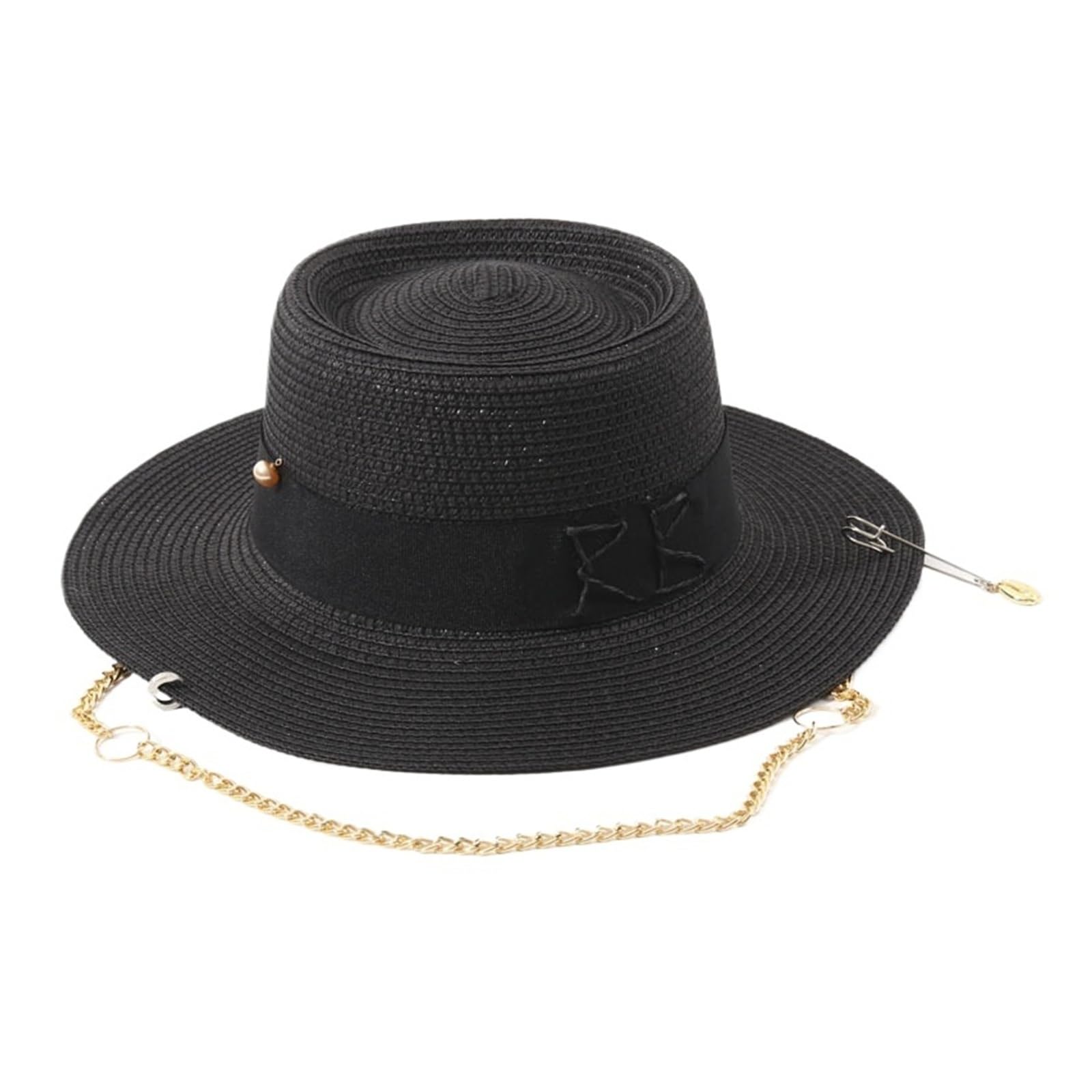 Generico Cappello di Paglia con monogramma RB, Parte Superiore concava e Spilla a Catena, Cappello da Sole Estivo per Spiaggia e Ombra all'aperto