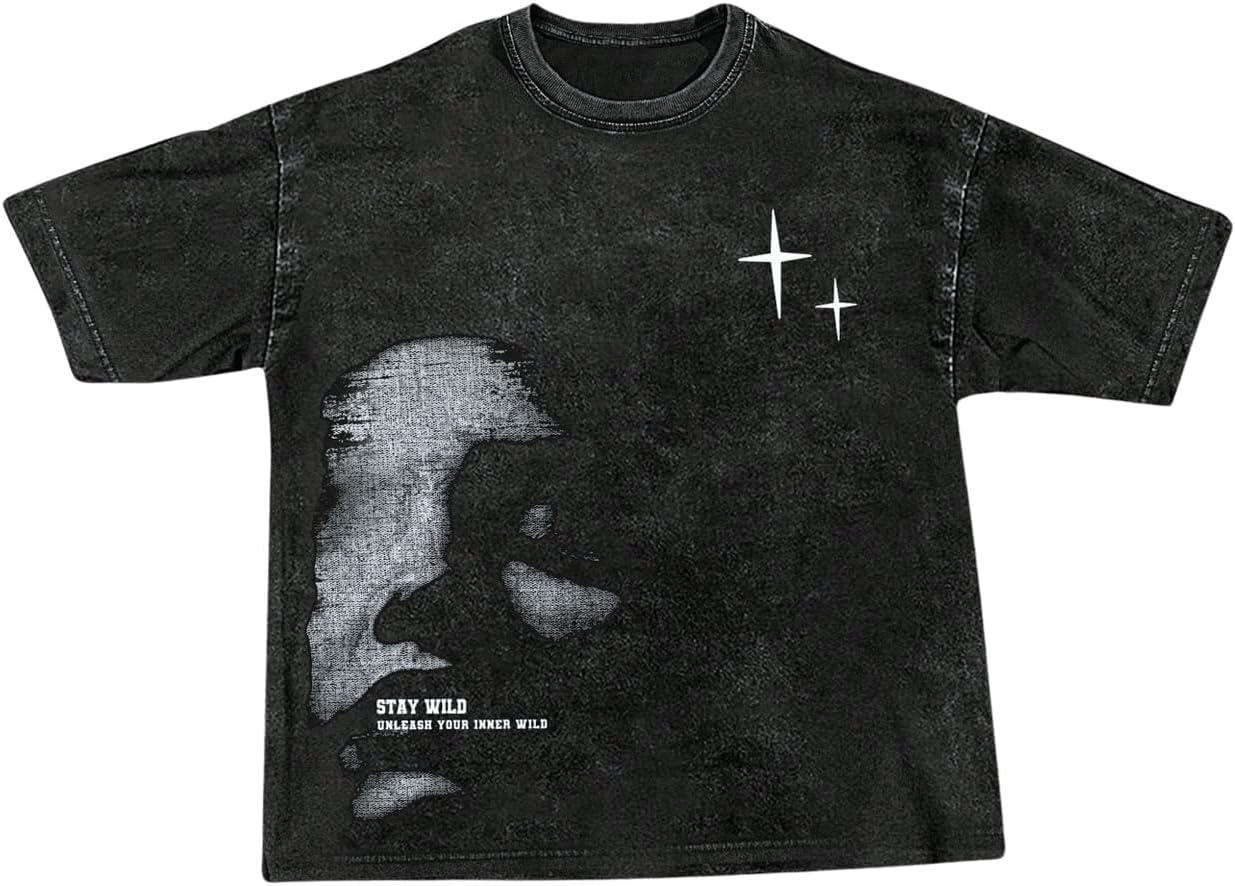 VIPWOLF Men's Graphic Oversized Short Sleeve Tee Shirt Y2K Vintage Cool Acid Wash Streetwear T-Shirts