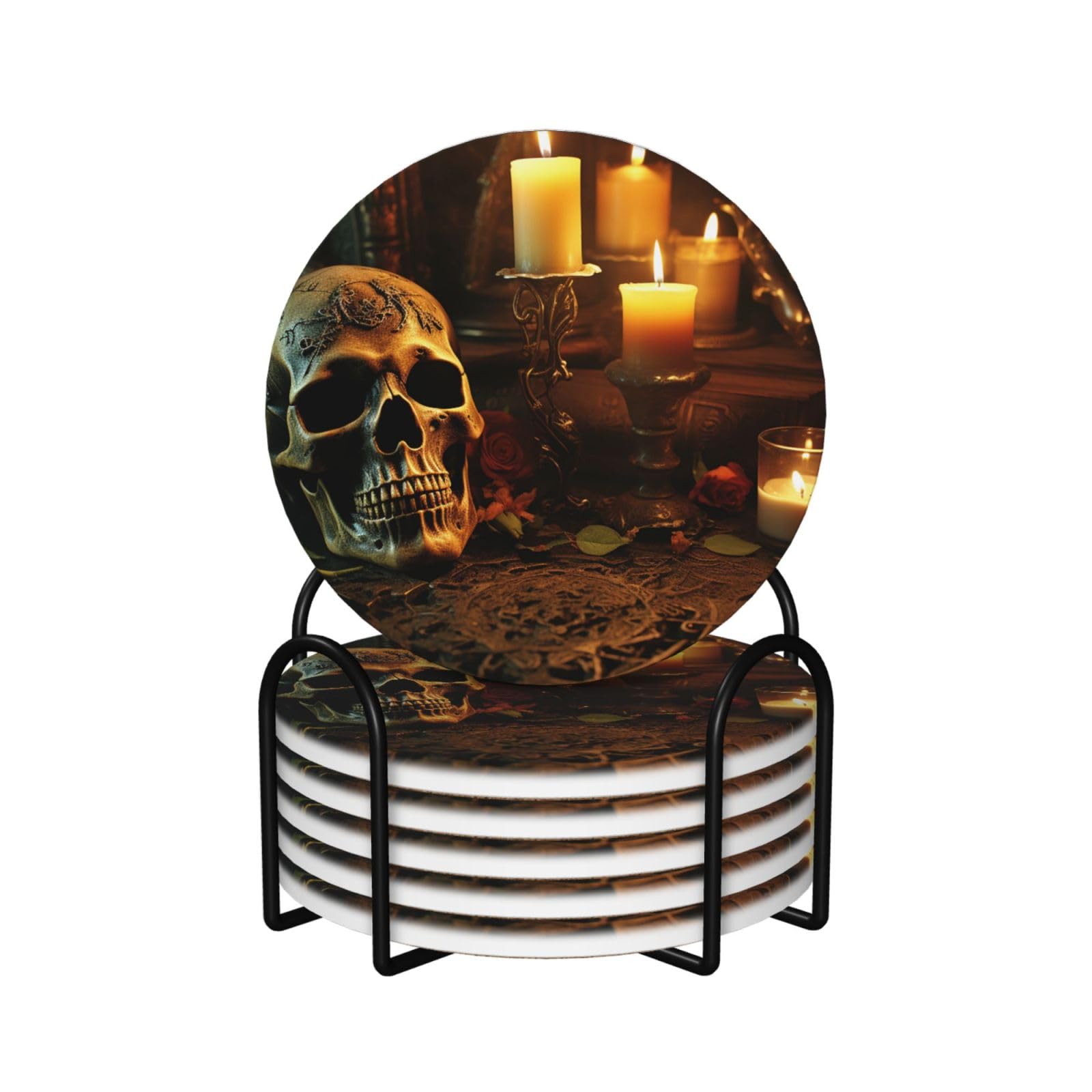 6Pcs Ceramics Coaster for Drinks, Candles and Scary Skull Cup Coasters with Holder, Aesthetic Drink Coasters for Coffee Table, Absorbent Round Coaster for Tabletop Protection 4" Cup Mat Pad