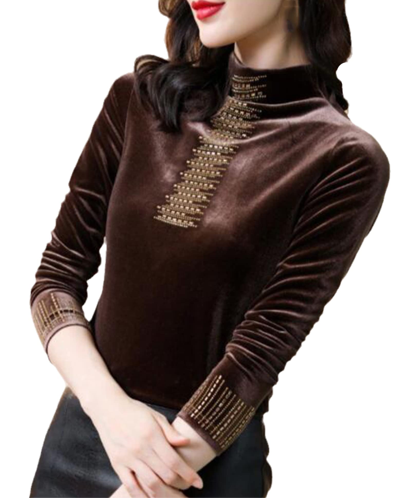 Moda Nero Magro Manica Lunga T-shirt Donna Primavera Autunno Dolcevita Tinta unita Camicie, Caff, XL
