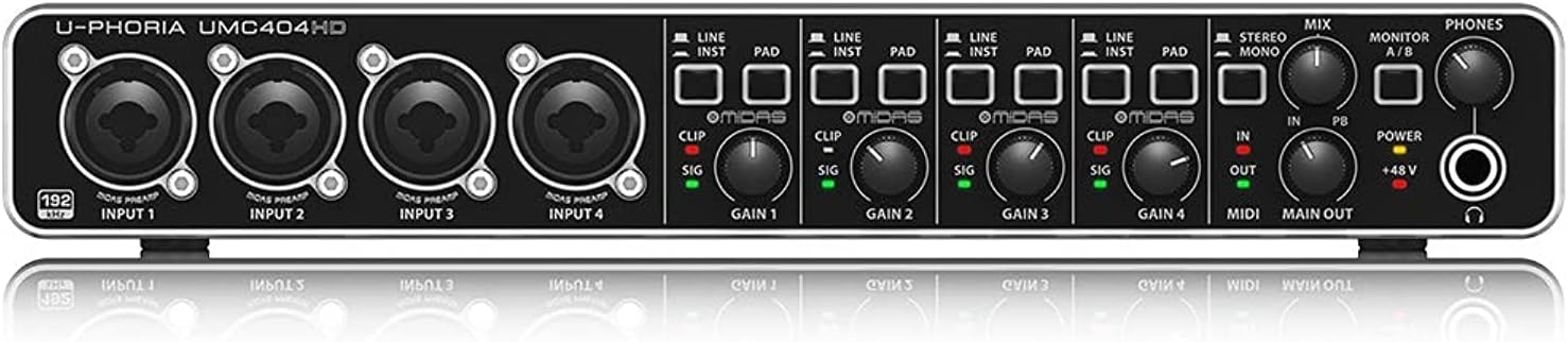 Behringer U-PHORIA UMC404HD Audiophile 4x4, 24-Bit/192 kHz USB Audio/MIDI Interface with Midas Mic Preamplifiers