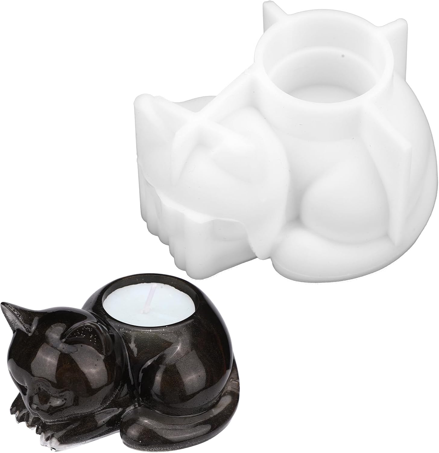 Sinbana 3D Cat Silicone Mold, Animal Candle Holder Mold for Cute Epoxy Resin Casting Succulent Planter Pot Concrete & Plaster Ornament Jewelry Storage Tray & Home Decor Gift (White)