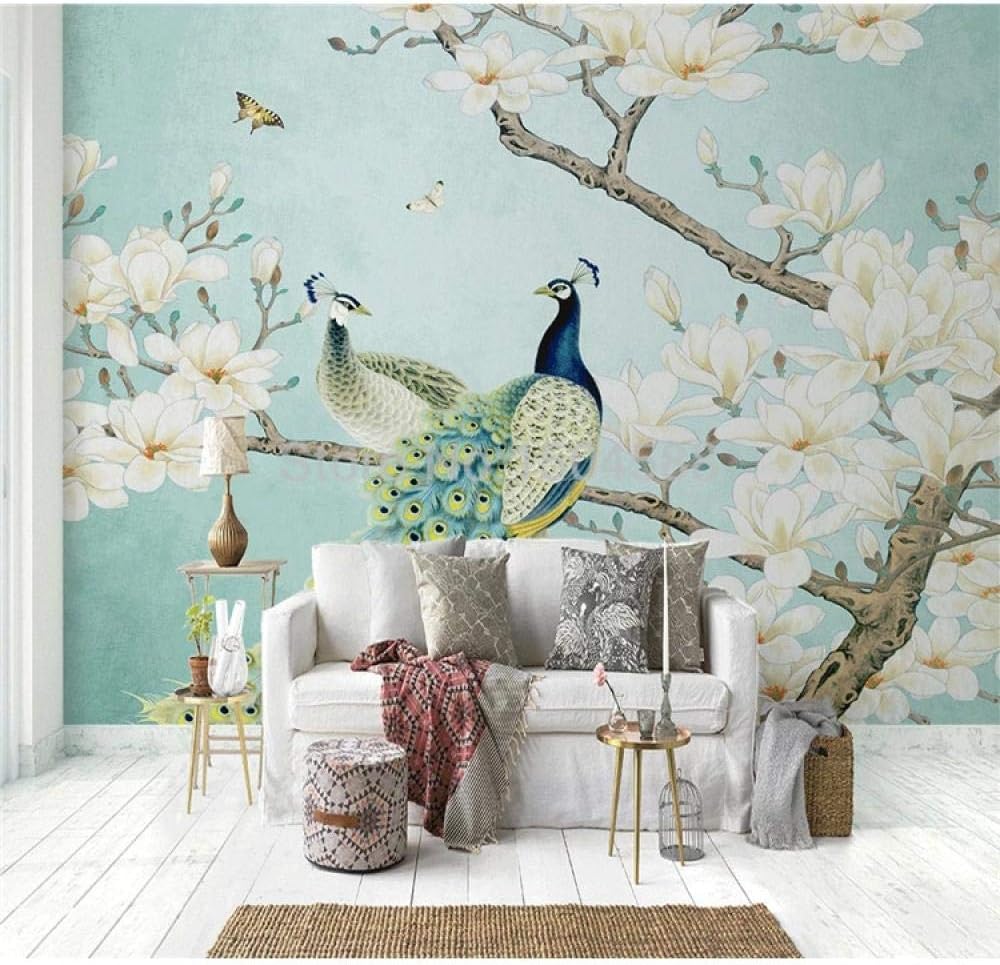 Décoration de chambre paysage 3D moderne avec paon et fleurs de lys