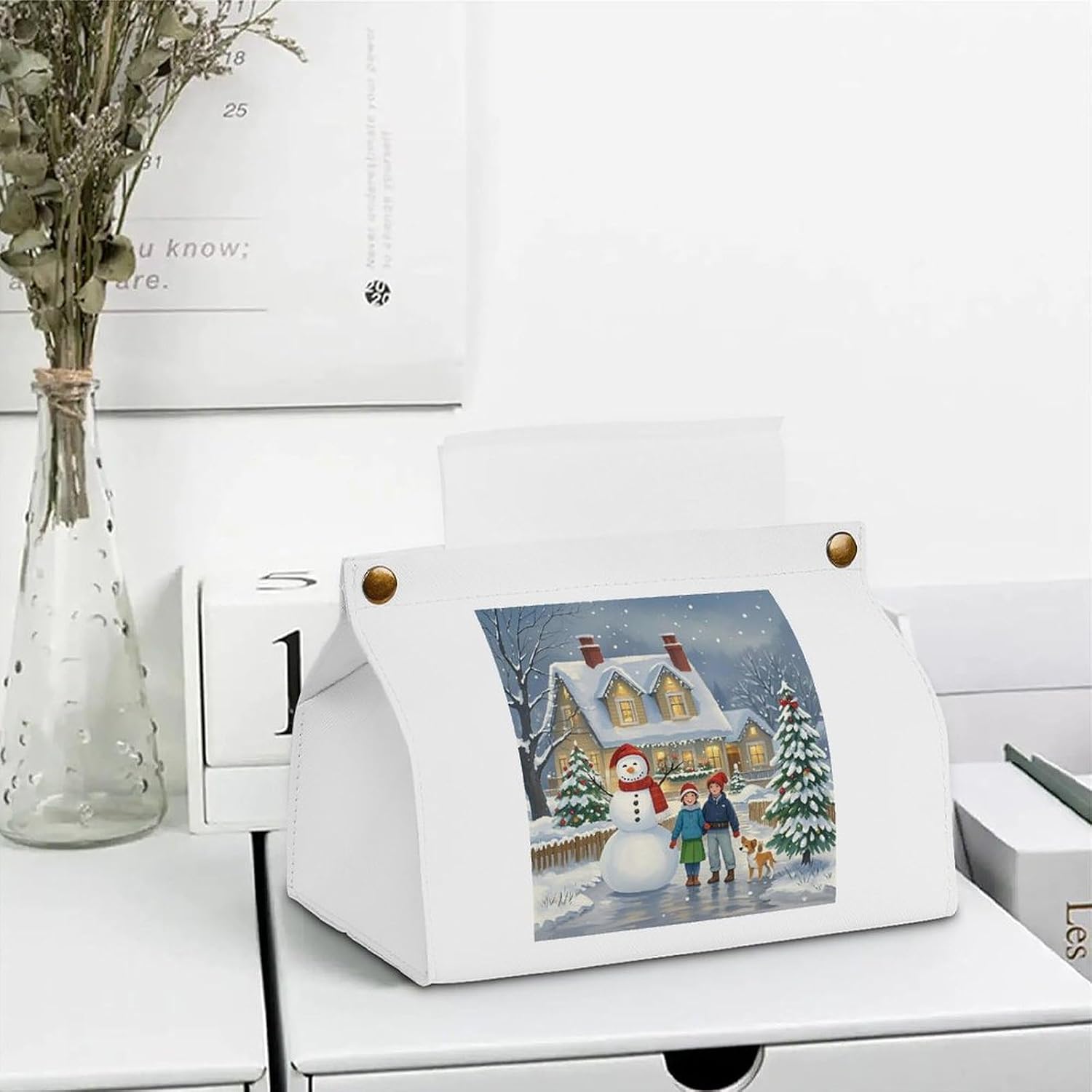 Decorative PU Tissue Paper Holder Happy Atmosphere Printed Tissue Box Cover Napkin Tissues Organizer Home Decor for Bathroom Night Stands Desk Car Dining Table image 5