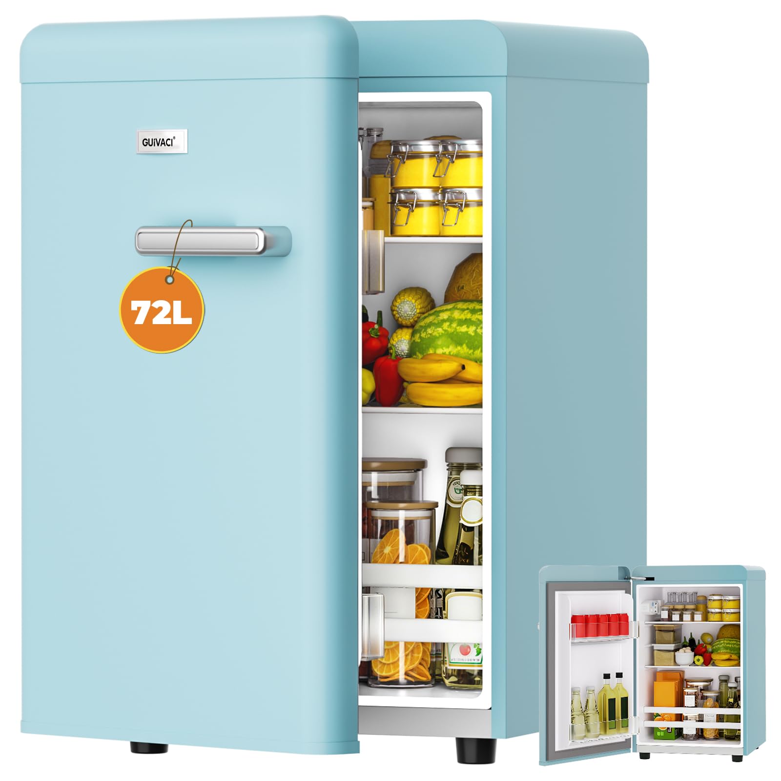 Mini Réfrigérateur Rétro 72L – Silencieux 43 dB, Design Vintage avec LED, 7 Niveaux de Température, pour Chambre, Bureau, Cuisine & Bar(vert)