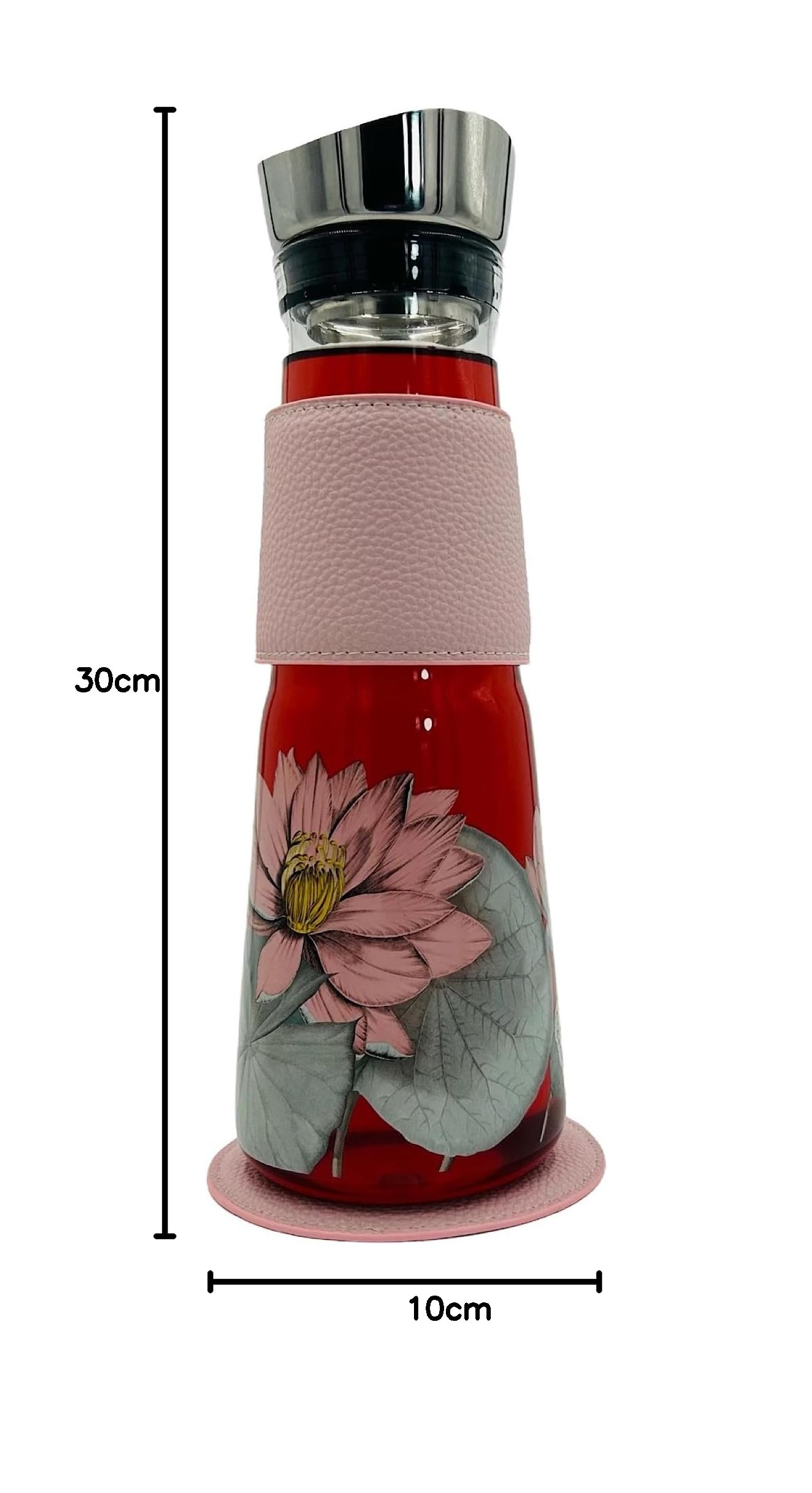 Jarra EVE Padma Rosa – con colador de acero inoxidable extraíble, manguito de piel sintética y platillo – Cristal de borosilicato neutro y resistente a la temperatura – Capacidad de 1,25 L