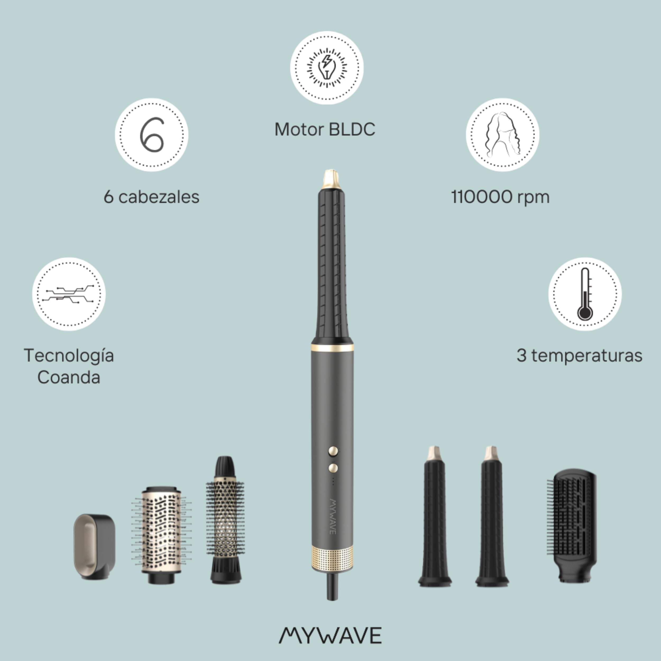 My Wave Cepillo Moldeador Estilizador 6 en 1 Tecnología Coanda Motor BLDC 1500W 2 Velocidades 3 Configuraciones Calor Iónico Antifrizz