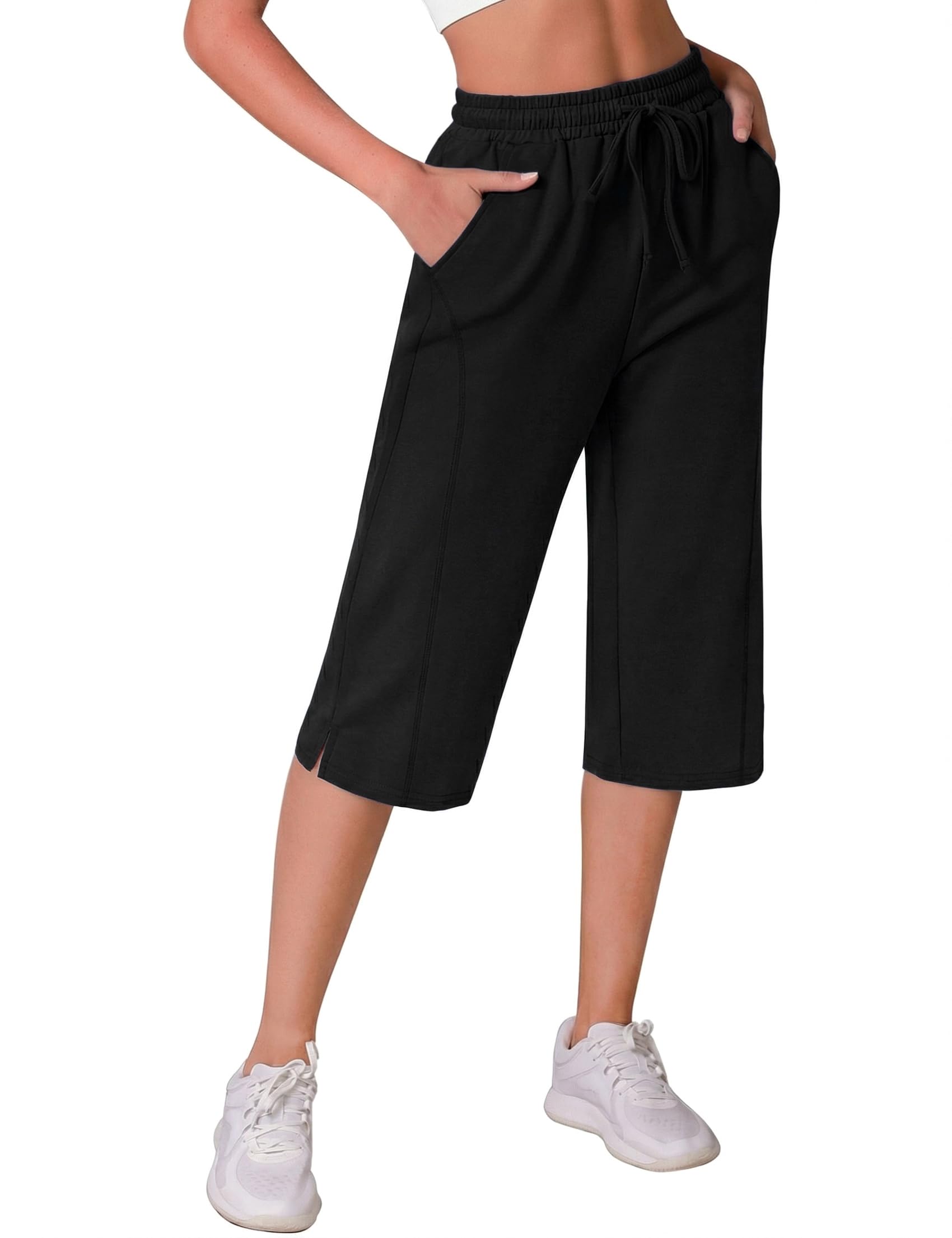 Crewhpo Jogginghose Damen 3/4 Lang High Waist Gerade mit Zwei Seitentaschen | Weiches Angenehmes Material, Freizeithose mit Seitentaschen, Freie Bewegung, für Jeden Tag, mit T Shirts Kombinierbar