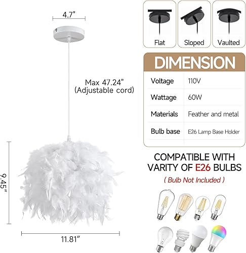 Miniatura 3 de Lámpara colgante de plumas nórdicas de 11.82 pulgadas, lámpara colgante de techo creativa, ambiente cálido para dormitorio, cocina, isla, entrada,
