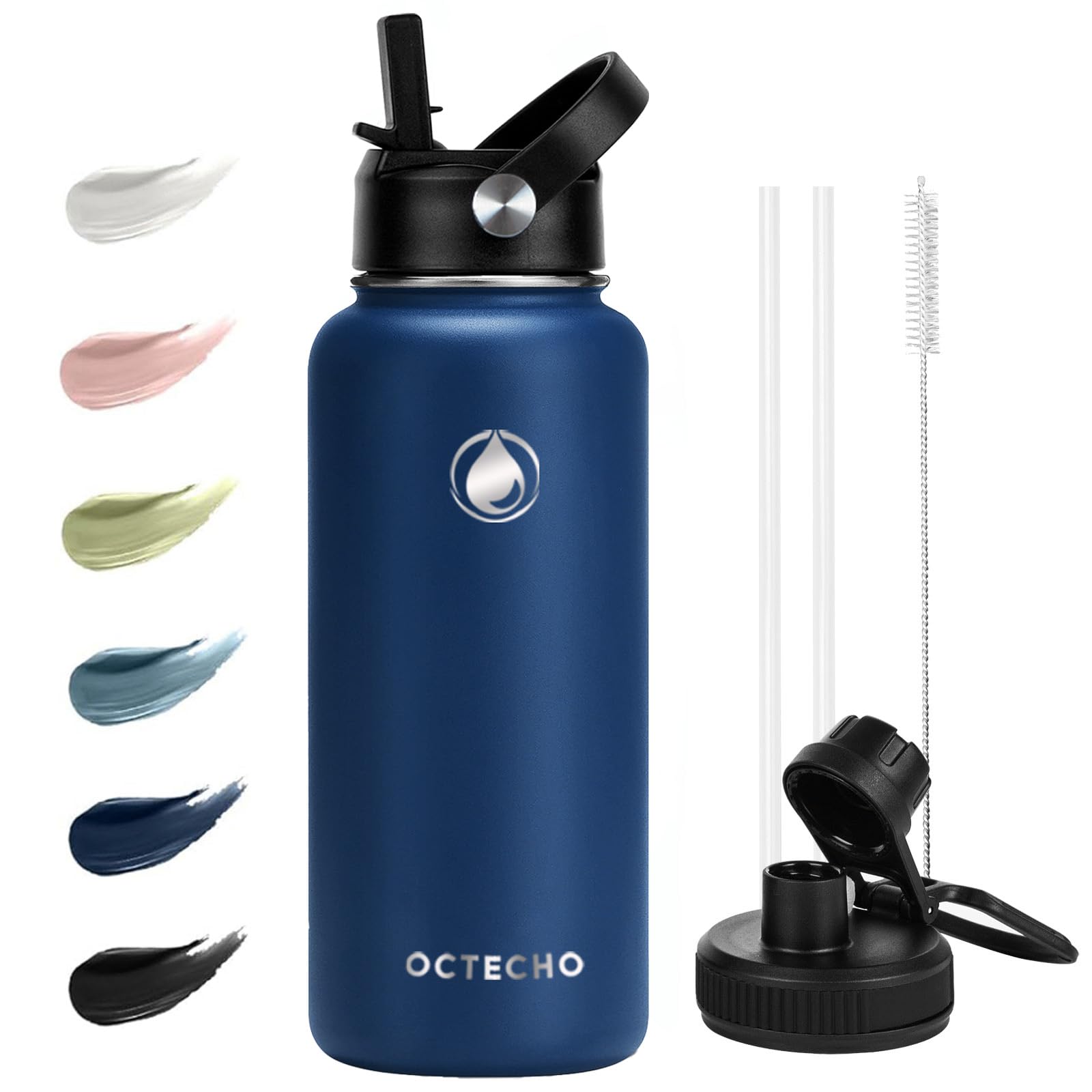OcTecho Metal Water Bottle with Straw, 950ml Stainless Steel Water Bottle 2 Leakproof Lids