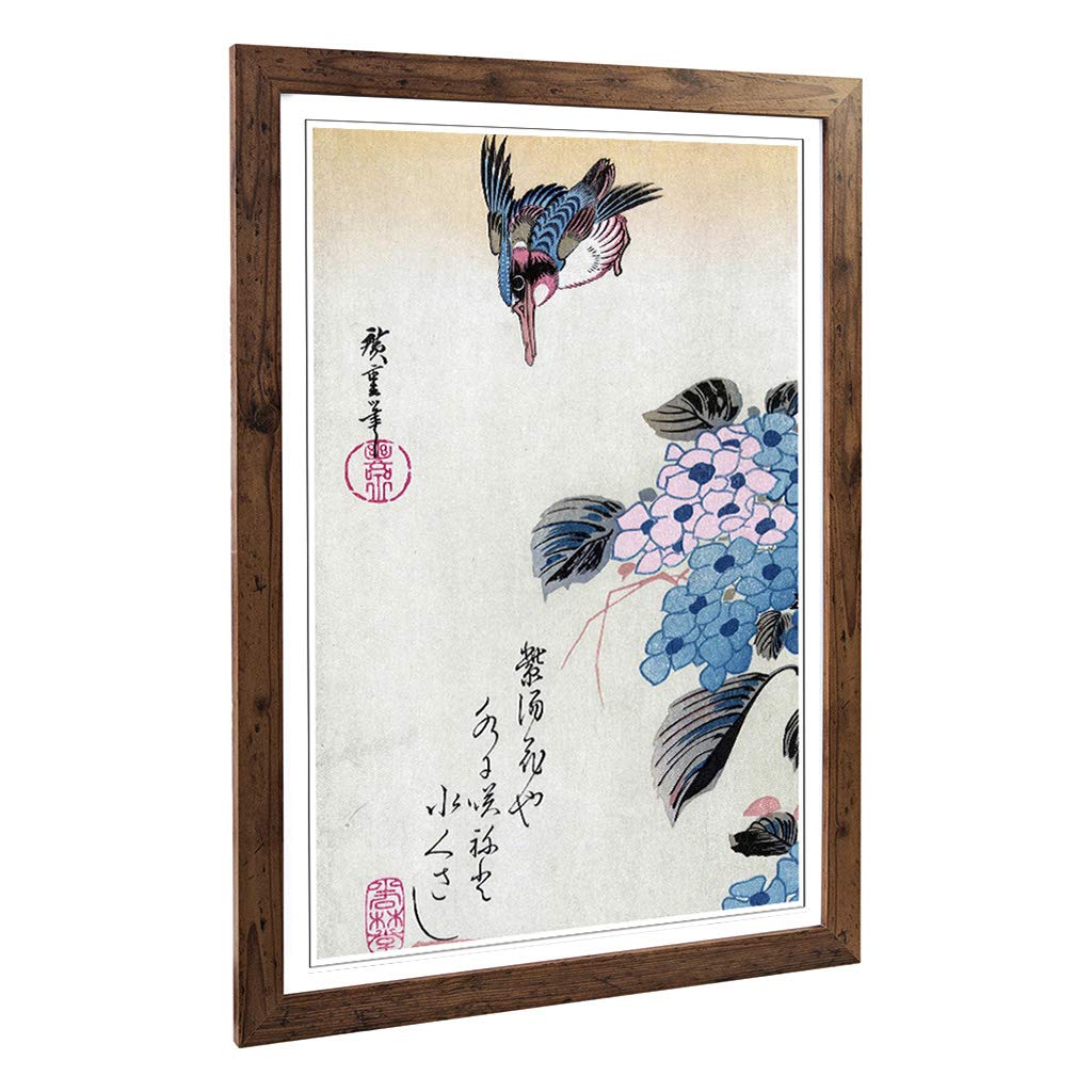 Big Box Art Framed Print of Hiroshige Japanese Oriental Hydrangea and Kingfisher Design | Wall Art Picture| Home Decor for Kitchen, Living Room, Bedroom, Office, Walnut, A2 / 24.5x18 Inch / 62x45cm