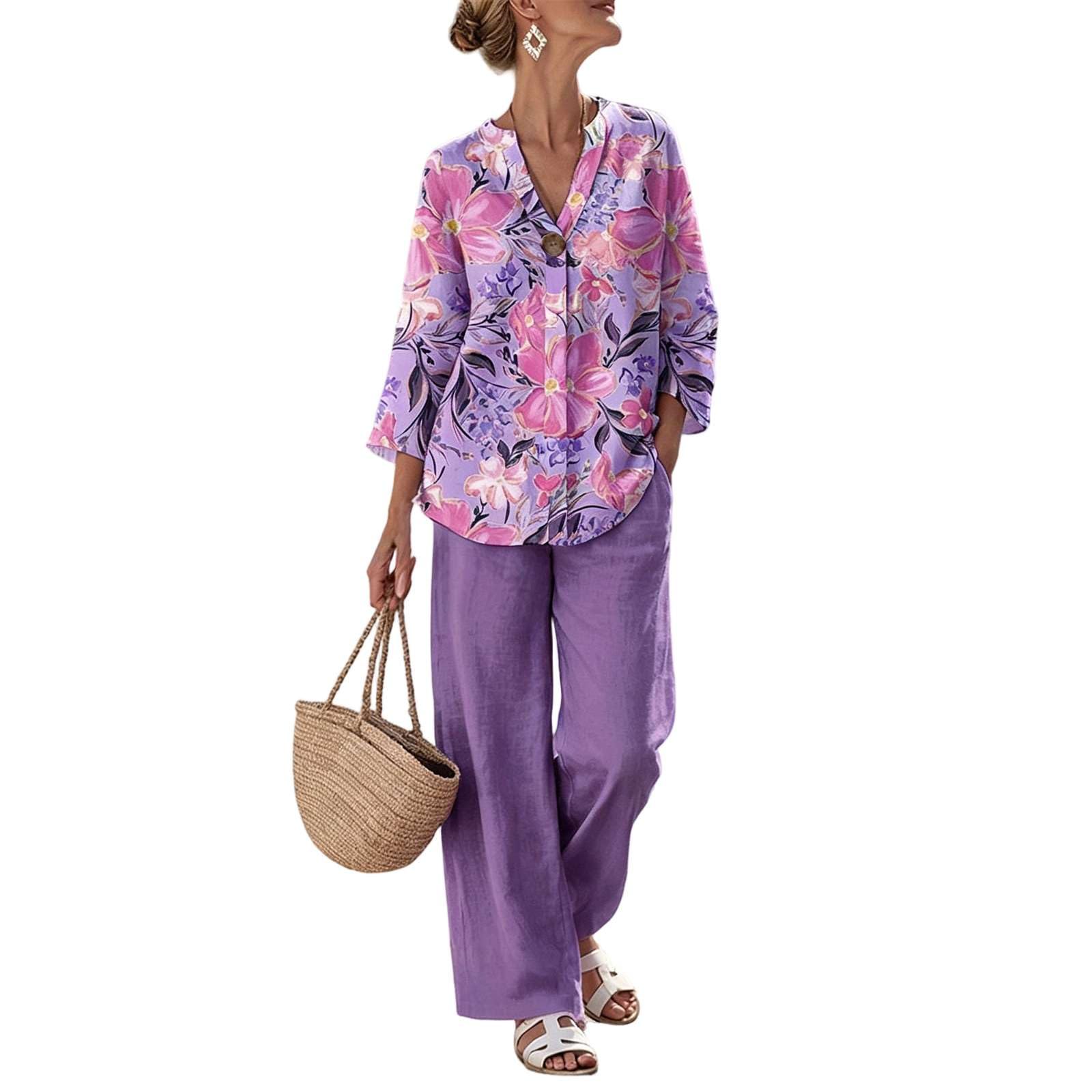 Completo Donna Estivo Boho Tuta Set 2 Pezzi Effetto Lino Pantaloni Larghi e Top Scollo a V 3/4 Tute Casual Mare Vacanza Co-ord Cotone Leggero Outfit Elegante