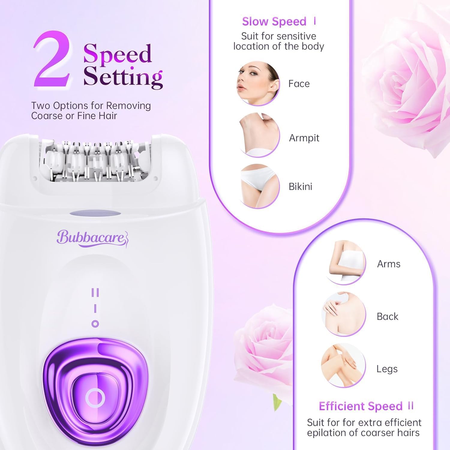 Epilatore per donne, dispositivo di depilazione facciale senza fili, con testina e rasoio, epilatori a scorrimento liscio, 2 velocità e 36 pinzette per viso, gambe, braccia, ascelle bikini