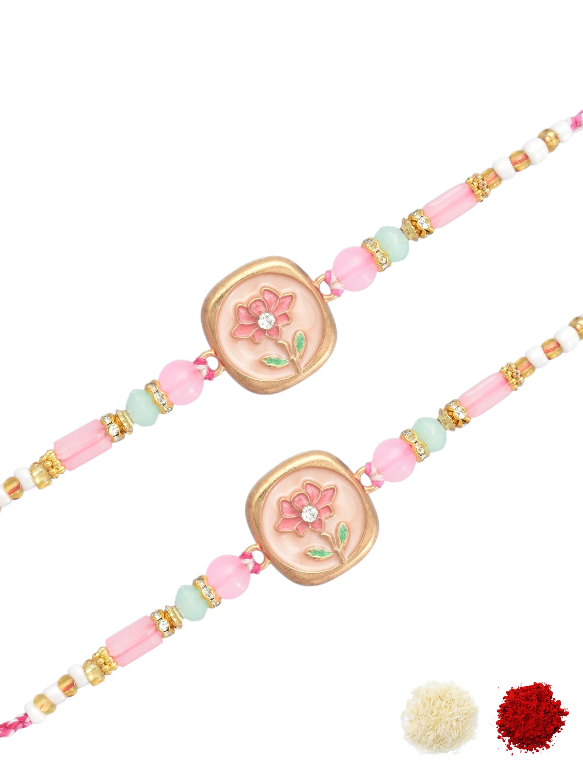 Pink Floral Design Soft Pink & Mint Bead Detailing, Enamel work, Traditional Cotton Thread Pack of 2 Rakhi for Raksha Bandhan Includes Roli Chawal & Greeting Card Set-80-image-37