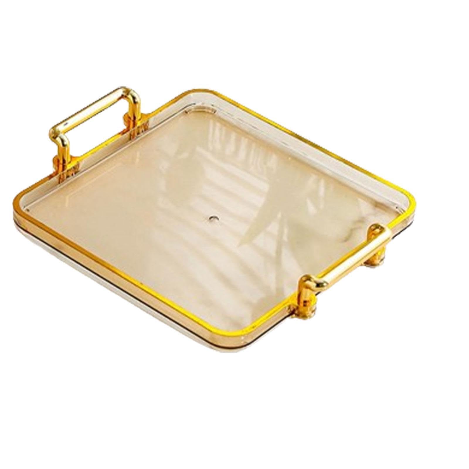 AMSLSIU Multipurpose Serving Tray With Gold Handles Balances Function And Style Snacks Fruits At Gatherings Serving Tray With Handles Is Made Of PP Gold, Amber, 22x18.5x3.5cm