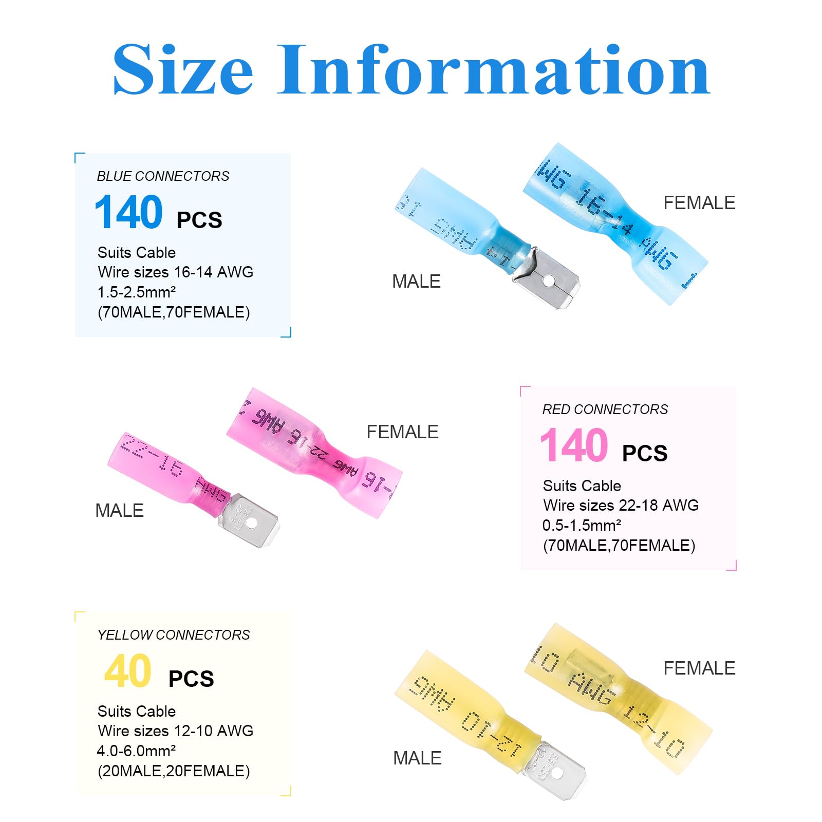 Kit de 320 conectores de pala termorretráctiles, terminales de pala macho y hembra, conectores de cable impermeables aislados, conectores eléctricos de grado marino con caja