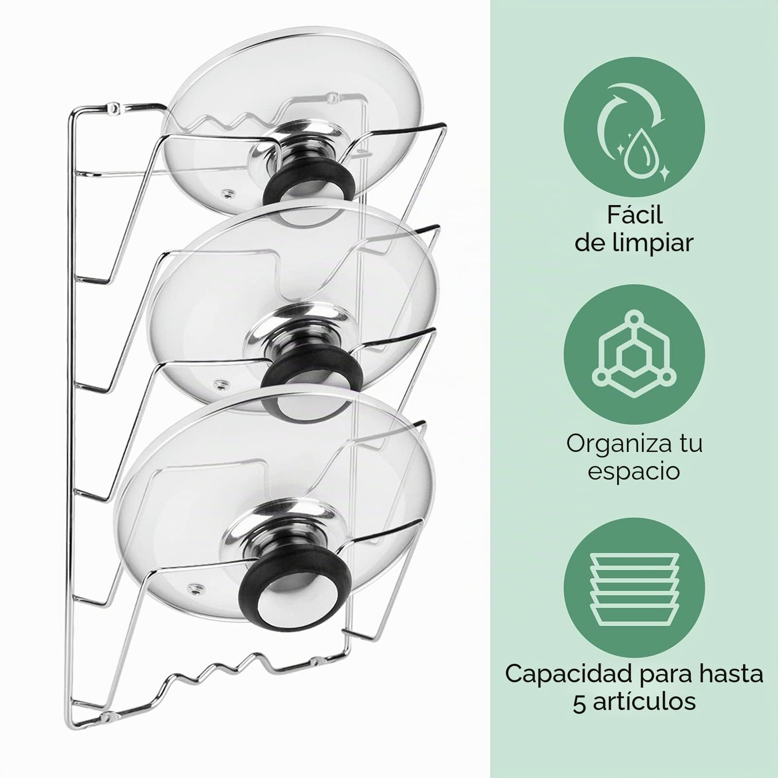 Wakects Porta tapas de cocina para colgar, porta tapas verticales de acero inoxidable, 5 tapas, soporte para ollas de metal, para ollas y vajillas, 40,7 x 25,7 x 7,5 cm
