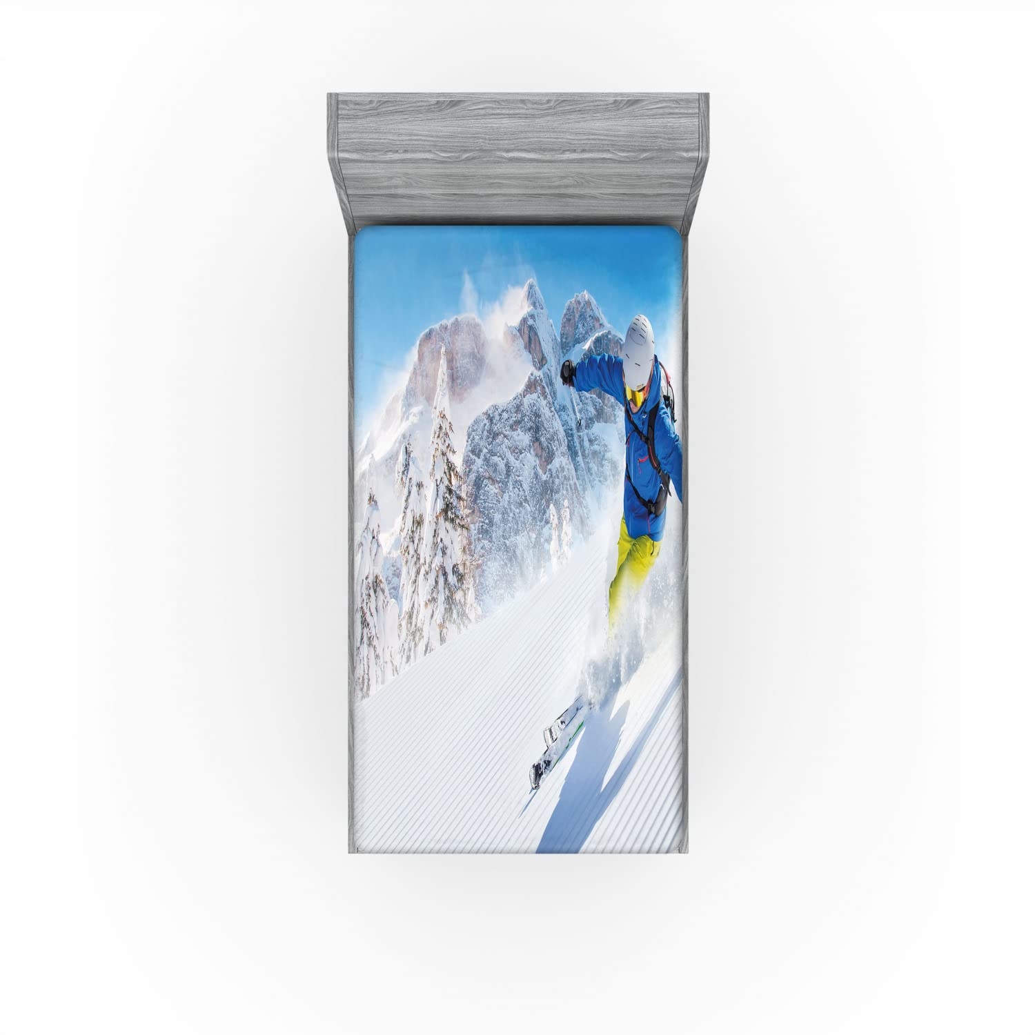 Ambesonne Winter 2 Pack Fitted Sheet, Skiing Extreme Sports, Bed Cover All-Round Elastic Deep Pockets 2 Pieces, Package Contains 2 Twin Size Fitted Sheets, Aqua White