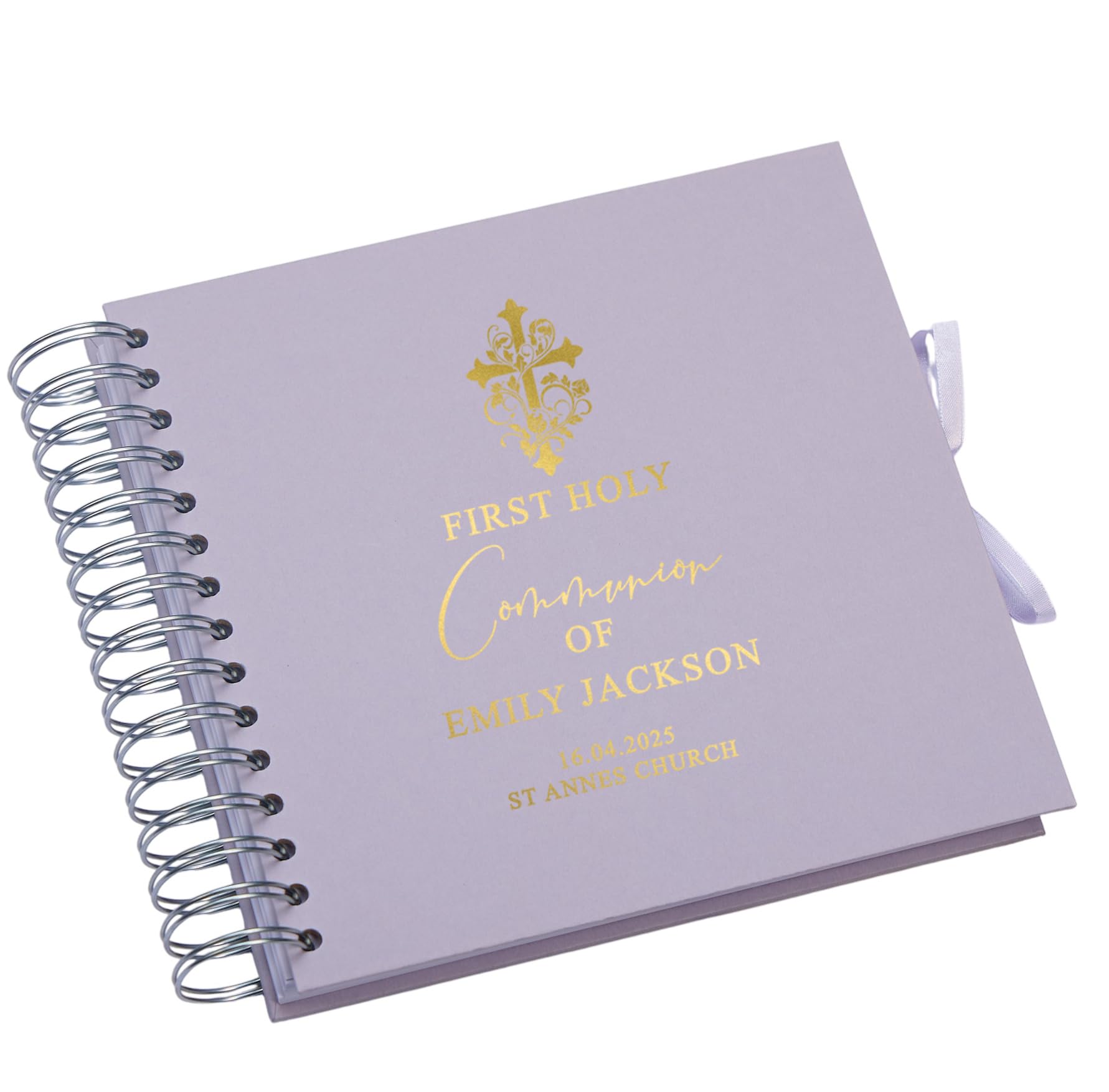 Personalised Holy Communion Guestbook, Scrapbook,Album with Foil Cross Design, Spiral Bound, Multiple Colours (Lilac)