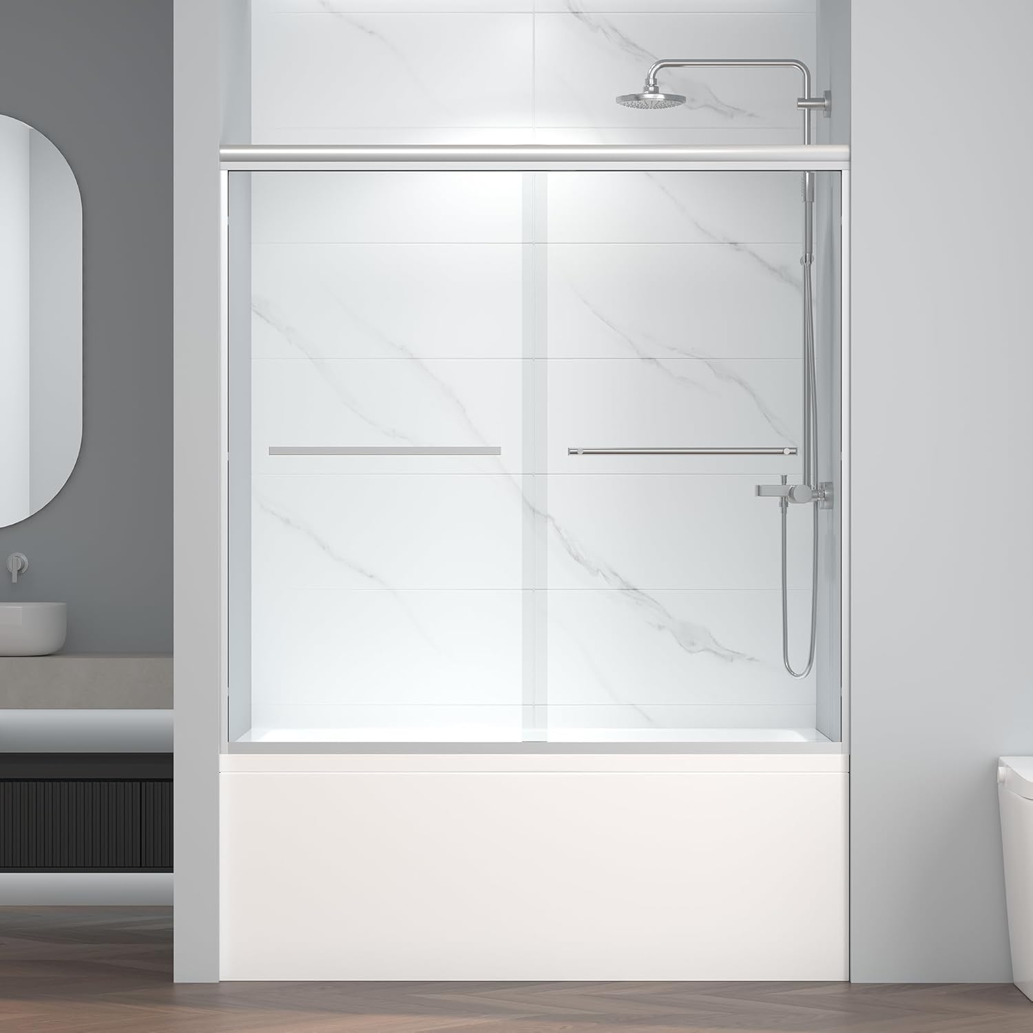 60" W x 58" H Bathtub Shower Doors, Semi-Frameless Double Sliding Glass Tub Door, SGCC Certified 1/4" (6mm) Clear Tempered Glass, Chrome Finish, Bathroom Shower Door | ENSO SENKA 60" W x 58" H Chrome Finish