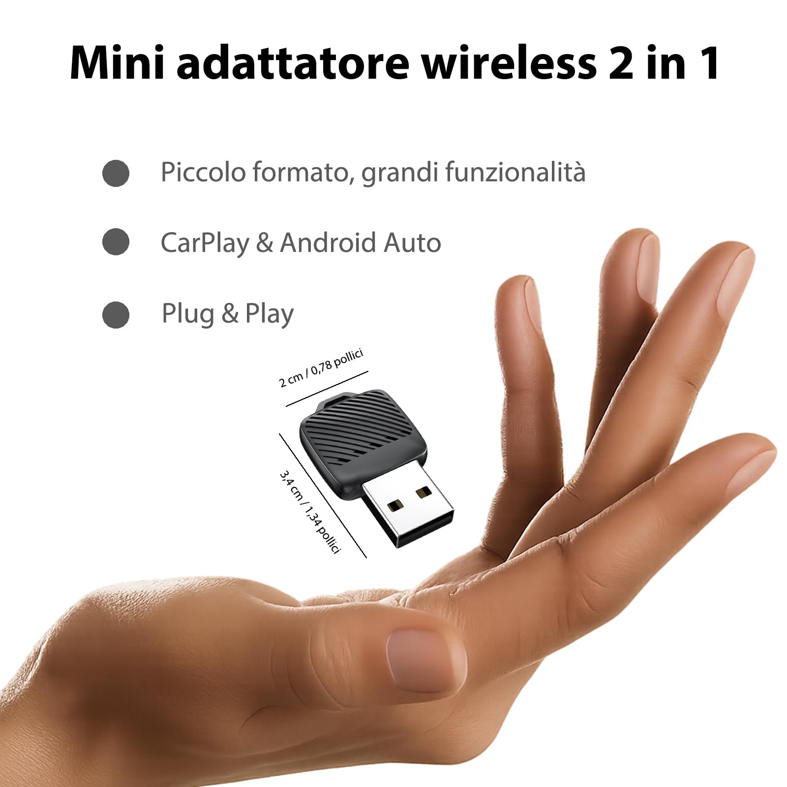 Adattatore wireless 2 in 1 per auto CarPlay e Android, mini dongle Plug & Play con USB-A e USB-C, converte CarPlay cablato in wireless, compatibile con iPhone e Android, Cars 2016+