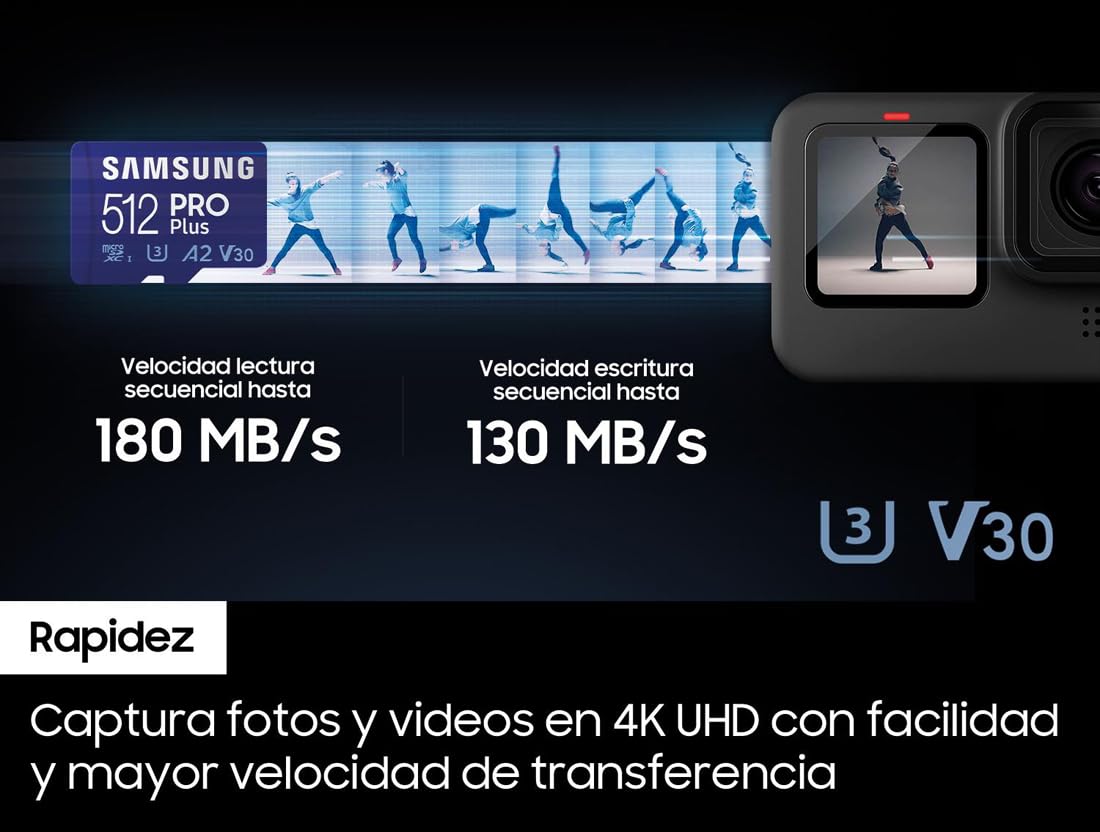 Samsung PRO Plus Tarjeta de memoria MicroSD con Adaptador SD, 256GB, 180 y 130 MB/s, Full HD & 4K UHD, UHS-I, U3, V30, A2, Compatible con Smartphone Android, Tableta, GoPro y Dron DJI (MB-MD256SA)