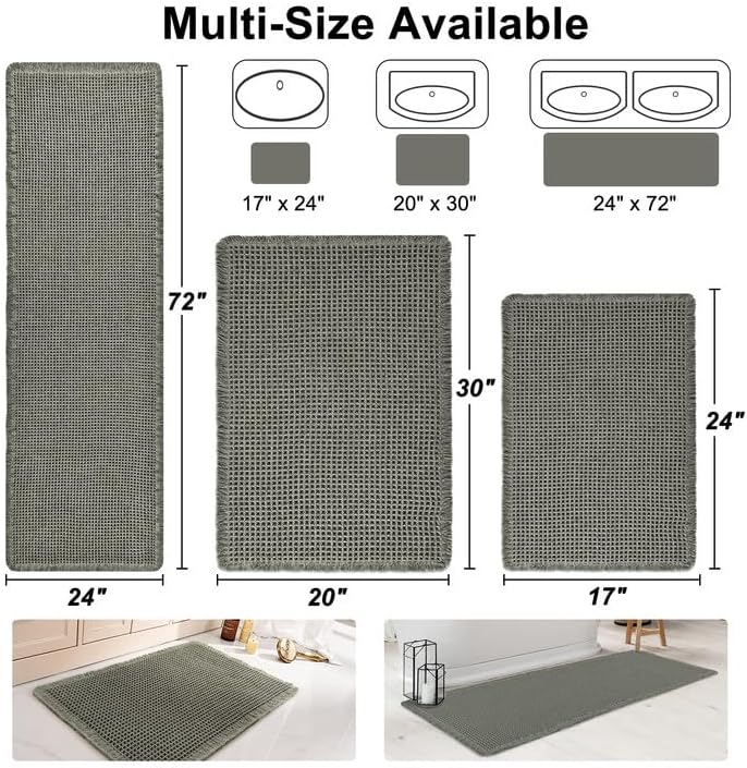 Luxury Waffle Bath Mat, Super Absorbent Non Slip Bathroom Rugs, Boho Ultra Soft Comfort Machine Washable Quick Dry Floor Mats with Tassels (Olive Green, 17" x 24") - Image 2