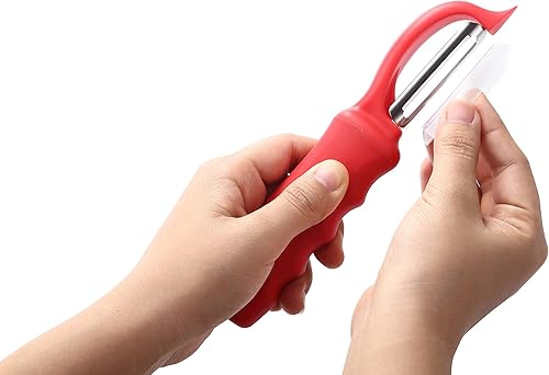 Miniatura 8 de Spring Chef Pelador de verduras giratorio profesional rojo para cocina, peladores de papas de acero inoxidable con mango de agarre suave, perfecto