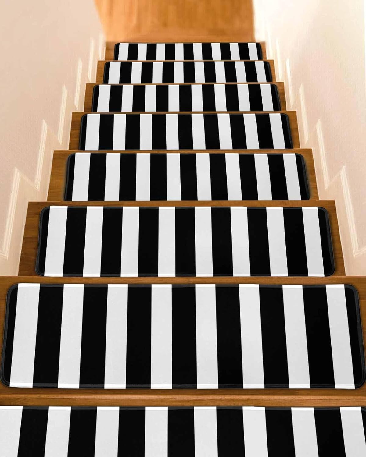 Black Stripes Stair Treads for Wooden Steps Indoor, Non-Slip Stair Treads Carpet Peel & Stick Self-Adhesive Staircase Step Treads Runner Mat 4 Pack 8x30 Farmhouse White Simple Vertical Striped