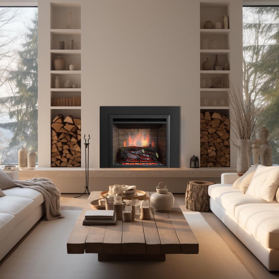 Image of PuraFlame Western 23 inch Electric Fireplace Insert with Trim Kit, Fire Crackling Sound, Resin Log, Remote Control, 750 /1500W Heater, Black