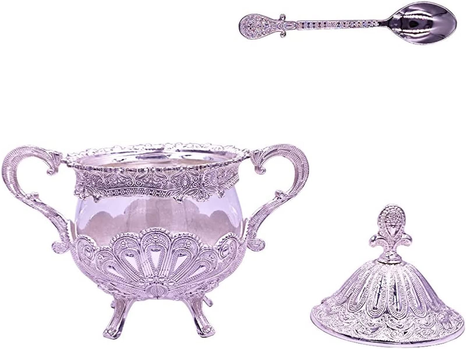 Zuckerdose/Topf, Salzgewürzbehälter, Gewürzglas, Zuckerdose mit Deckel und Löffel for Küche, Kaffeebar und Hochzeitsfeier, Zuckerbehälter aus Metall und Glas for Würfelzucker und Puderzucker, Gold (