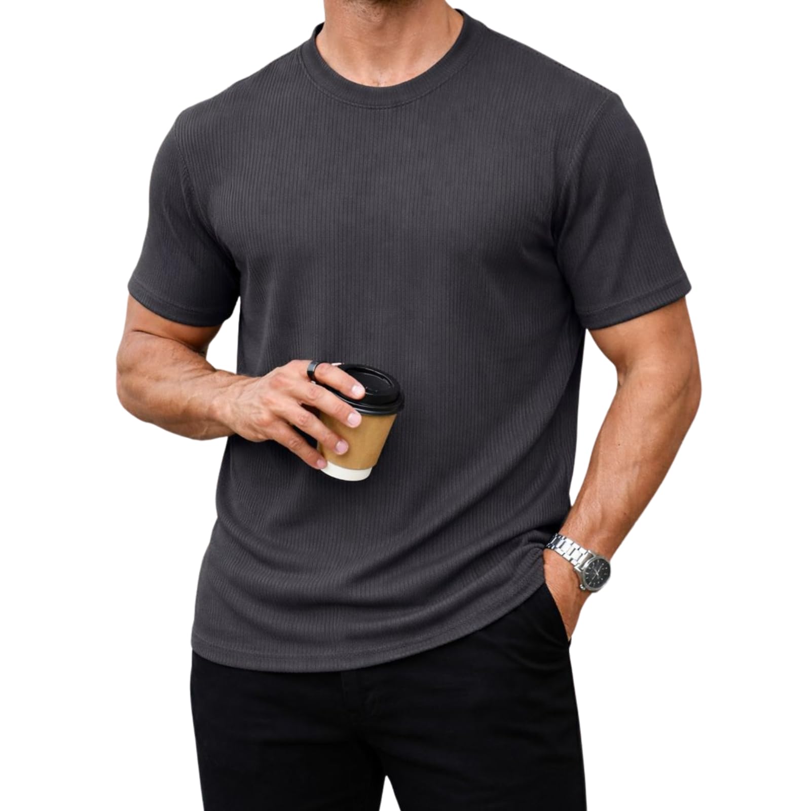 Men’s Striped Ribbed Black Half Sleeve T-Shirt | Premium Soft Stretch Fabric | Casual Wear Round Neck Tee-M6358-image-28