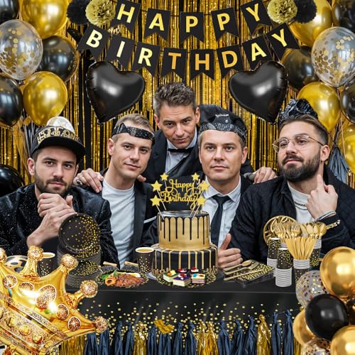 Kit de decoración de fiesta dorada y negra con 50% de descuento