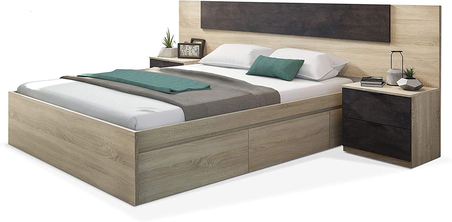 Mobelcenter, Cama de Matrimonio con 4 cajones Kendra para colchones de 150x190 cm, Color Roble Canadian, Medidas: Ancho: 156 cm x Fondo: 196 cm x Alto: 37 cm (Roble Canadian) (1104)
