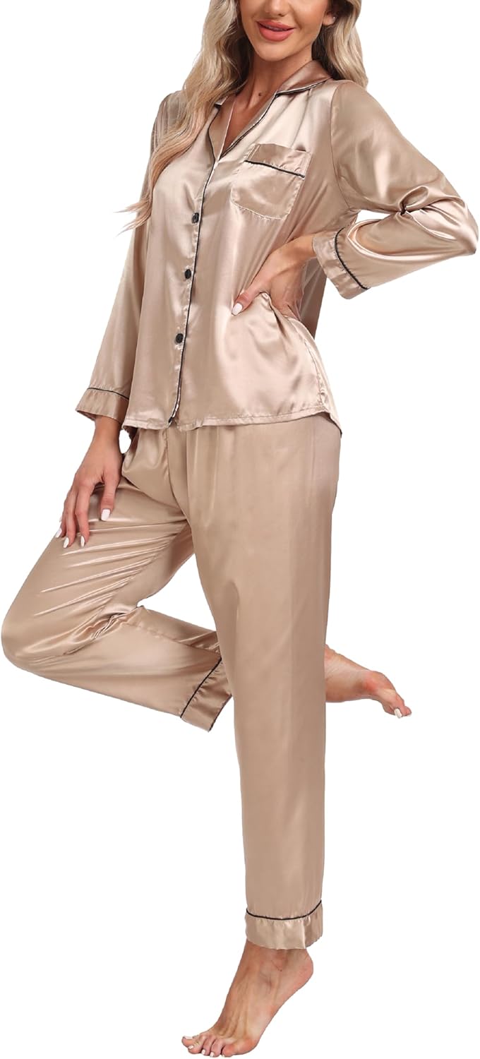 Women's Satin Pajamas Set 2 Piece Pj Set Sleepwear Notch Collar Long Sleeve T-Shirt Button-Down Loungewear with Long Pants
