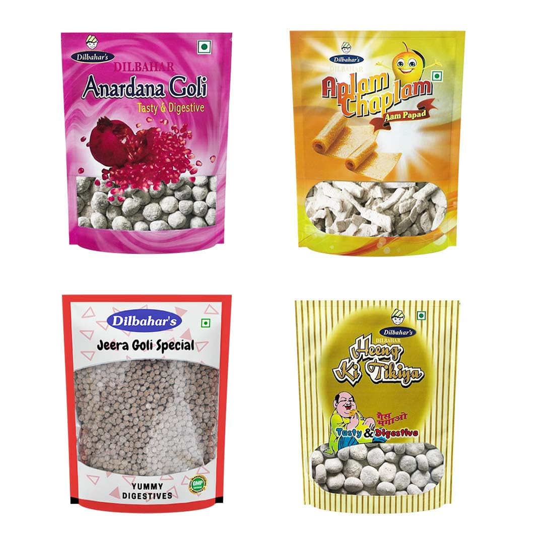 Dilbahar's Anardana Goli-Aplam Chaplam-Jeera Goli-Heeng Ki Tikiya-100g-Pack-of-4 | Digestive Pachak Chatpati Goli | Digestive Goli Pachak | Mukhwas Mouth Freshener | Digestive Pachak Churan | Churan