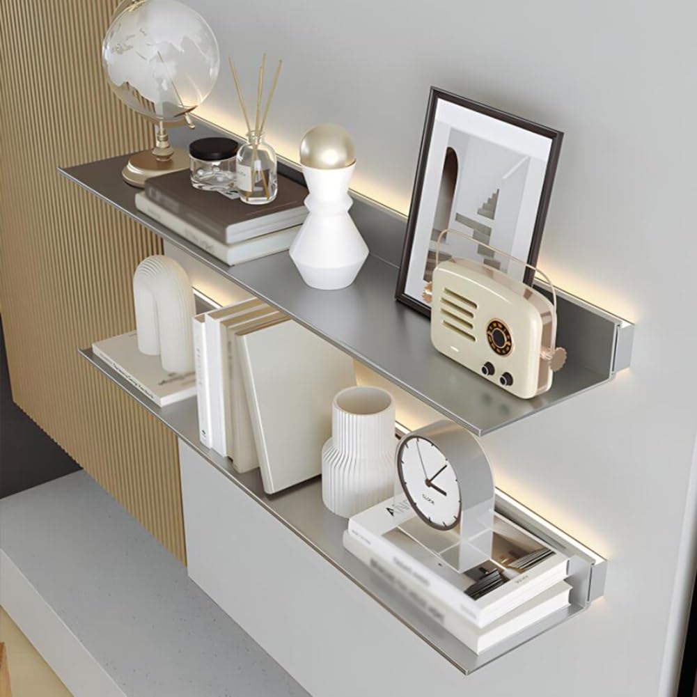 Estantes flotantes de pared con luz LED, estante de aleación de aluminio montado en la pared o estantería, estantes emisores de luz para dormitorio, sala de estar, decoración de almacenamiento