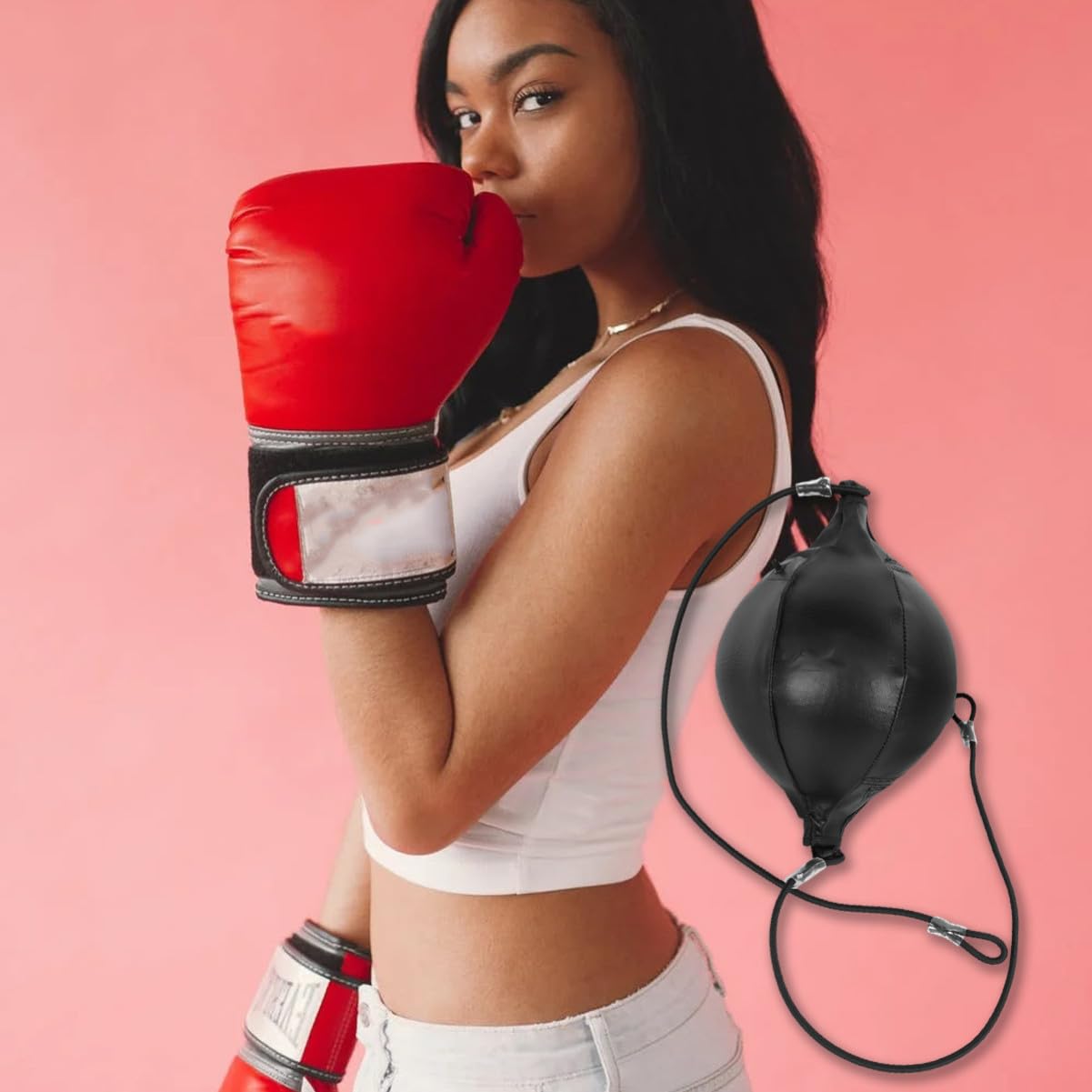BESPORTBLE Palla da boxe a doppia estremità, in pelle, per allenamento di agilità e agilità (stile corda nera)