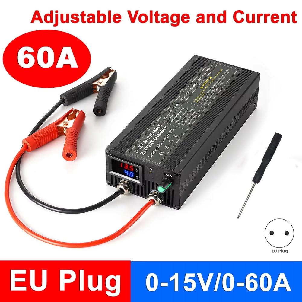 Cargador Lifepo4 de 60 A, Carga Rápida de Batería de Litio de 0 A 15 V para Automóvil, Adaptador de Alta Potencia de 12,6 V, Enchufe de la UE