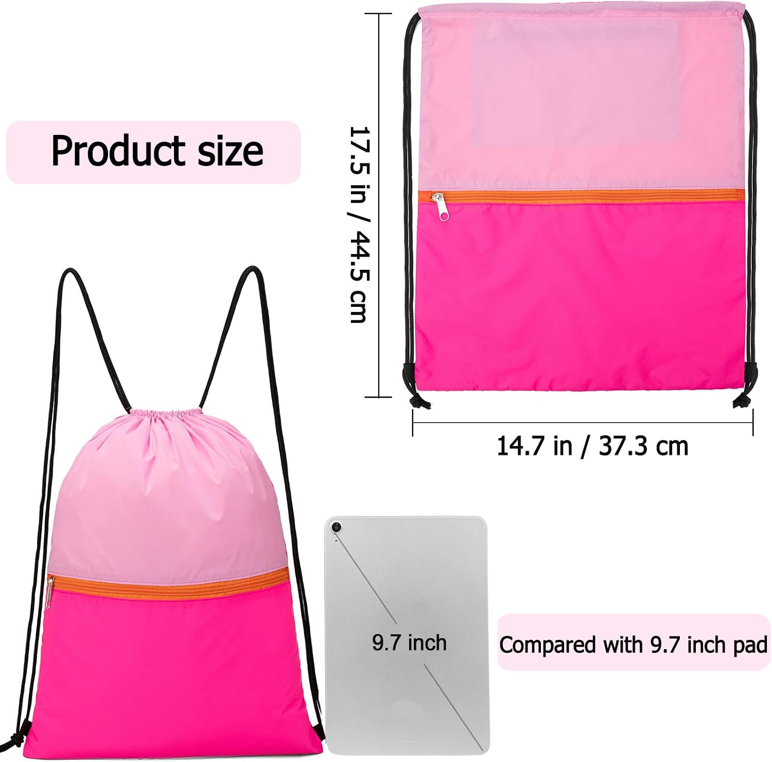 Drawstring Backpack for Kids, Lightweight Sports Gym Swim Bag Cinch Bag for Boys and Girls with Zipper Pockets (Pink)