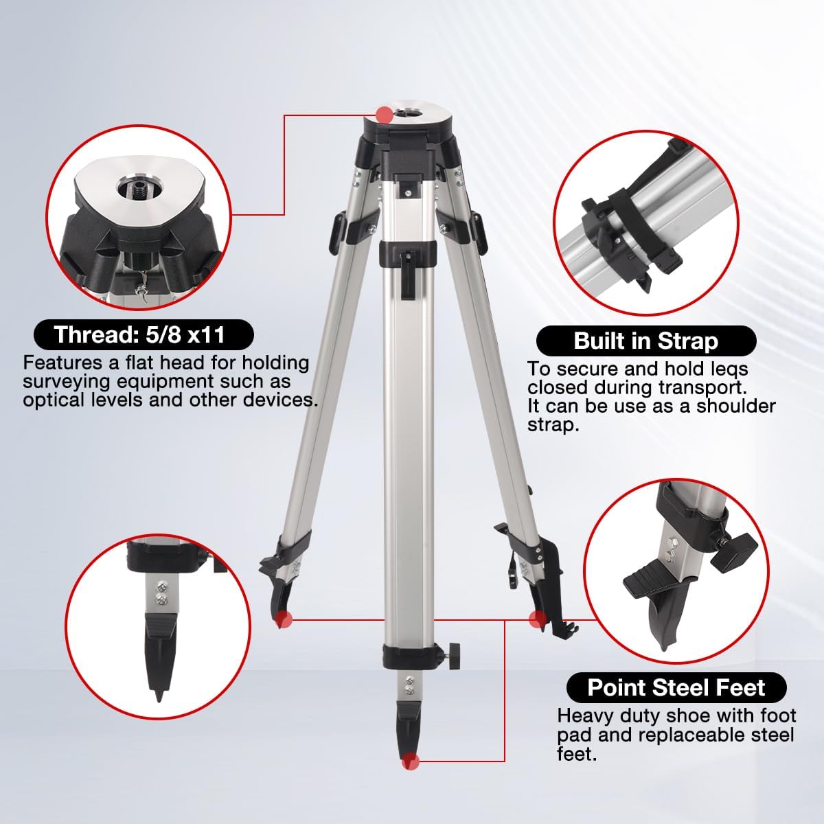 MOETER Aluminum Surveying Tripod & Grade Rod Kit – 62.2" Lightweight Transit Tripod and 9 FT Dual-Sided Telescopic Grade Stick, 5/8" x11 Thread Head for Surveying, Construction (Black)
