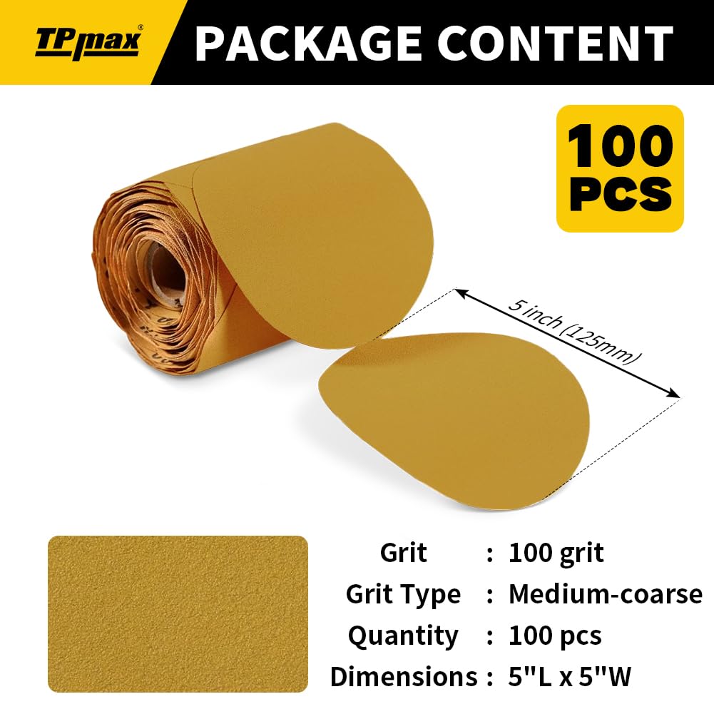 Photo 1 of 100PCS 5 Inch PSA Sanding Discs 100 Grit | Self-Adhesive Sandpaper Roll for DA Sanders, Orbital Sander | Gold Aluminum Oxide Sticky Back Abrasive Discs for Automotive, Woodworking, and Metal Polishing