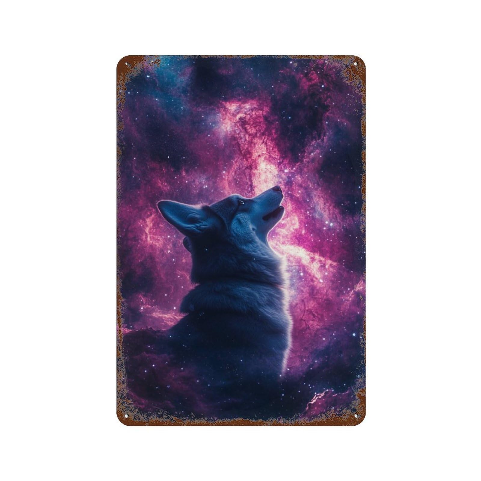 Wolf Howling at Galaxy Distressed Metal Wall Sign 11.8"x7.9", Shabby Chic Decor for Garage, Pub Or Kitchen
